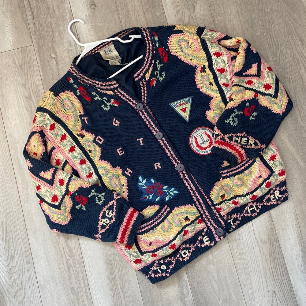 Vintage Embroidered Cardigan ramie cotton womens Navy Blue medium eclectic 90s